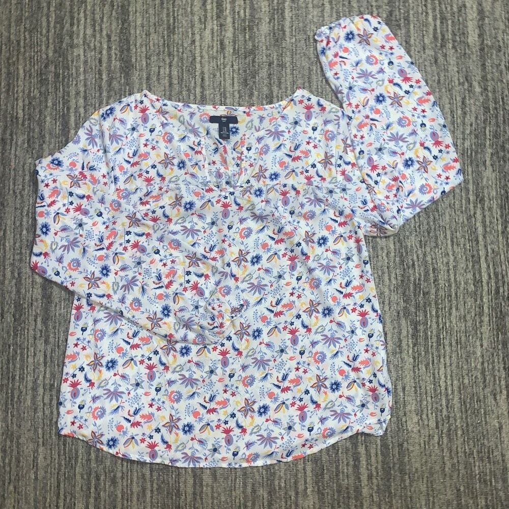 Gap Womens‎ Blouse Medium V Neck White Floral Long Balloon Sleeve Top Shirt